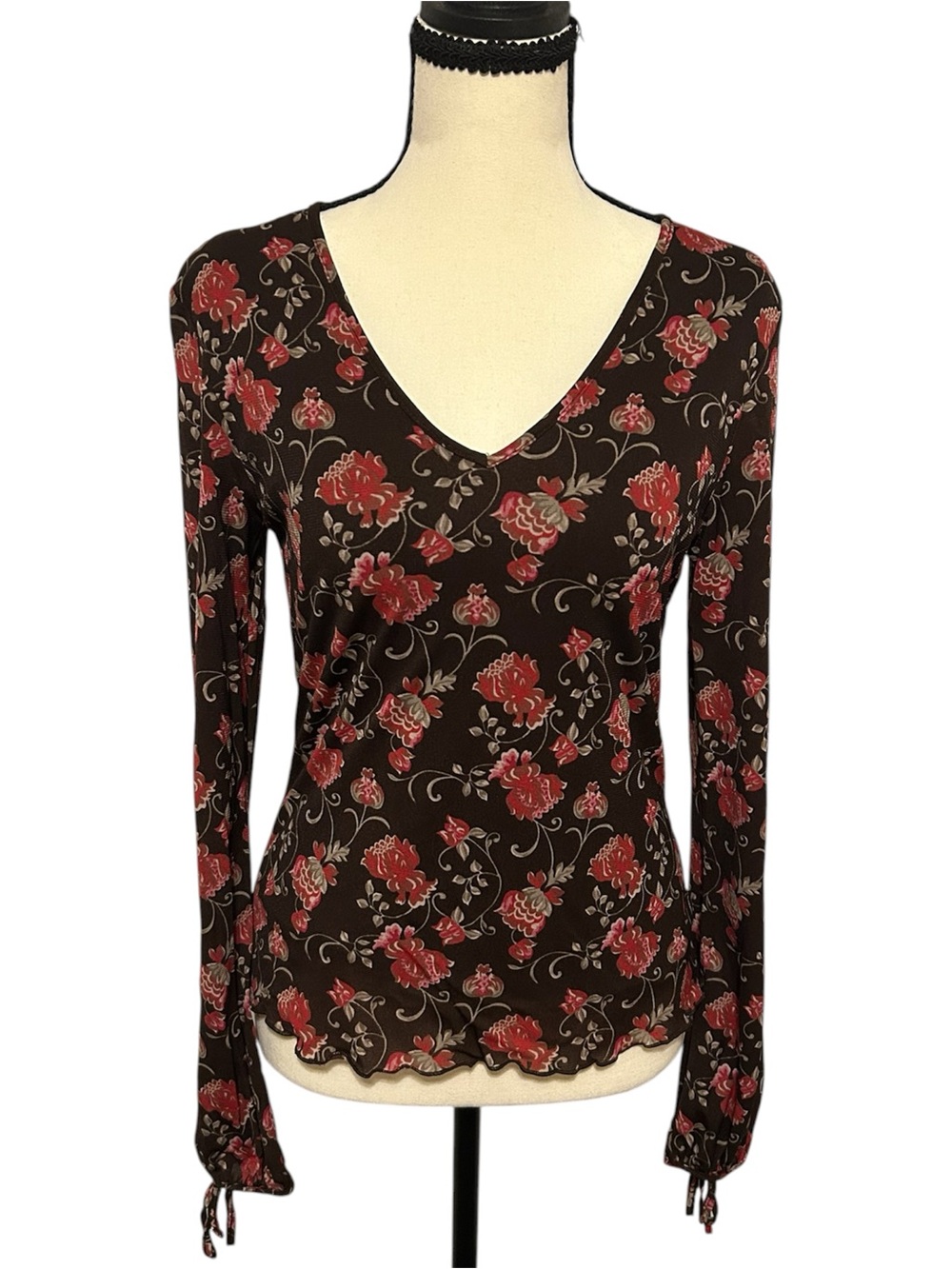 Old Navy Y2K Floral Mesh Long Sleeve V Neck Blouse Lettuce Trim Sz M Brown Red